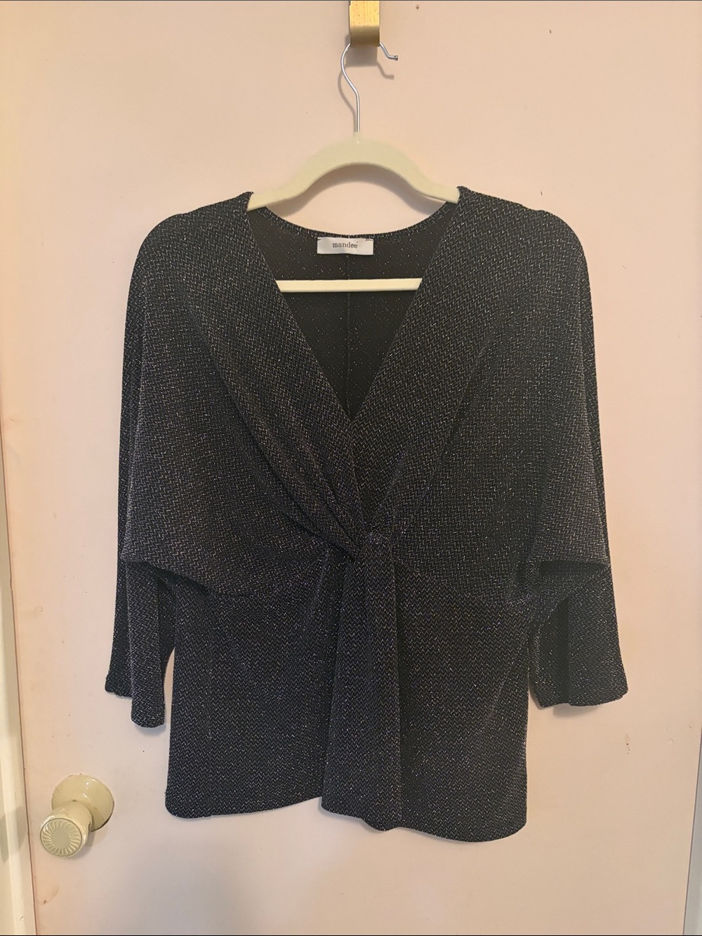 Black Metallic Tie-Front Blouse